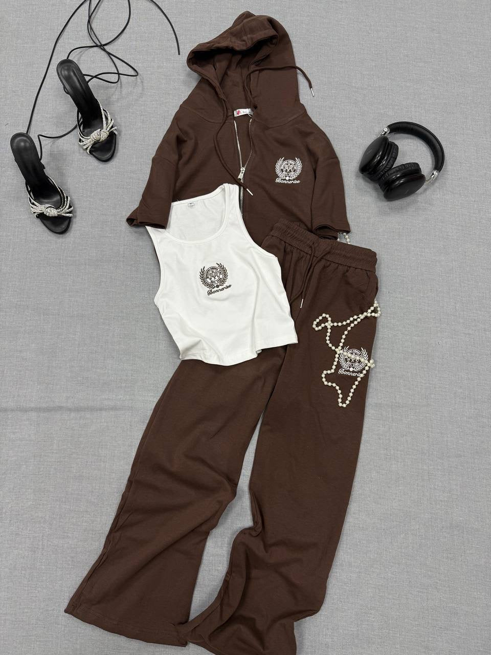 Bonnerie Embroidered 3-Piece Short Sleeve Zip Hoodie, Tank Top & Flare Pants Set