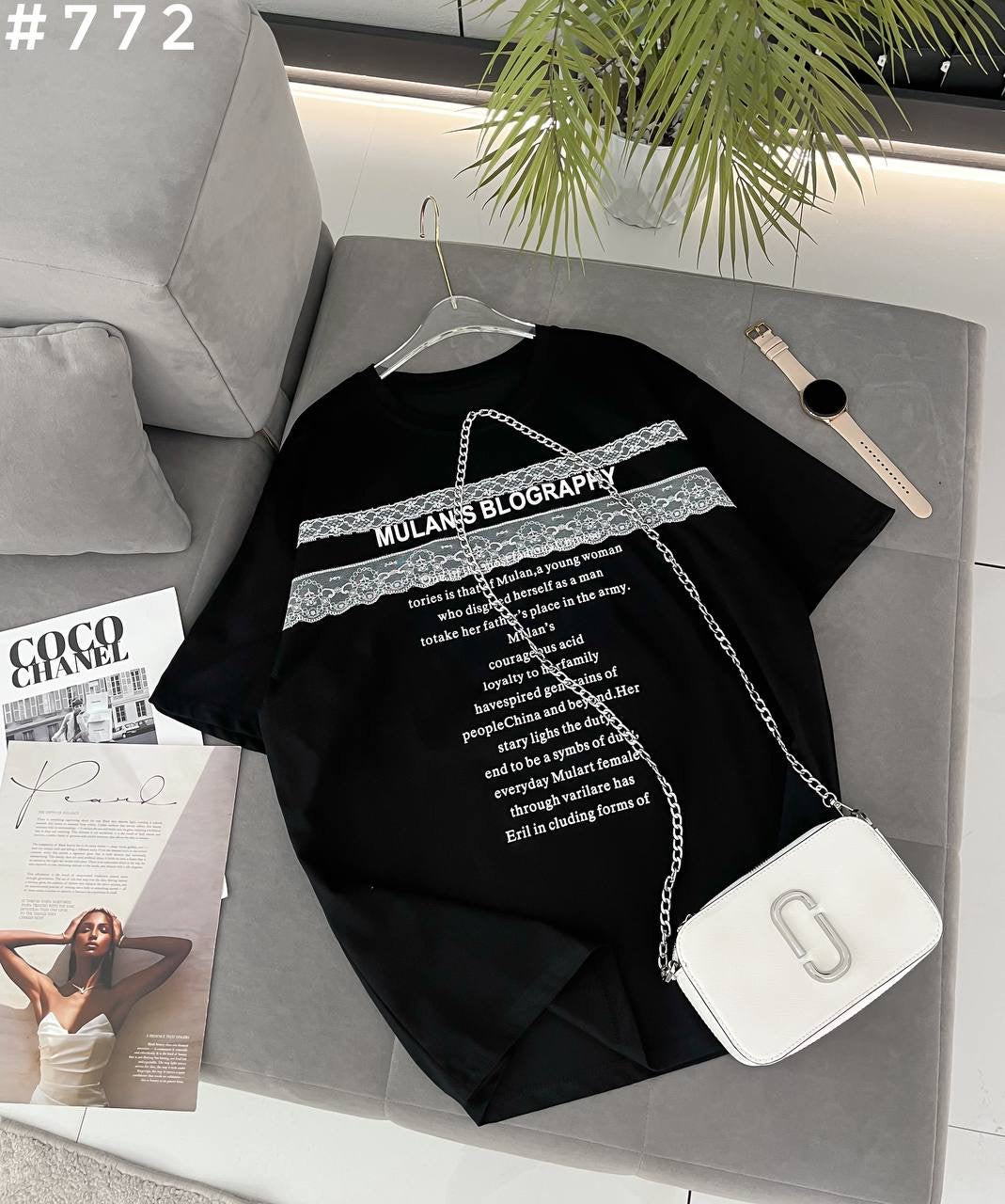 #772 Mulan's Blography Lace Trim Oversized T-Shirt