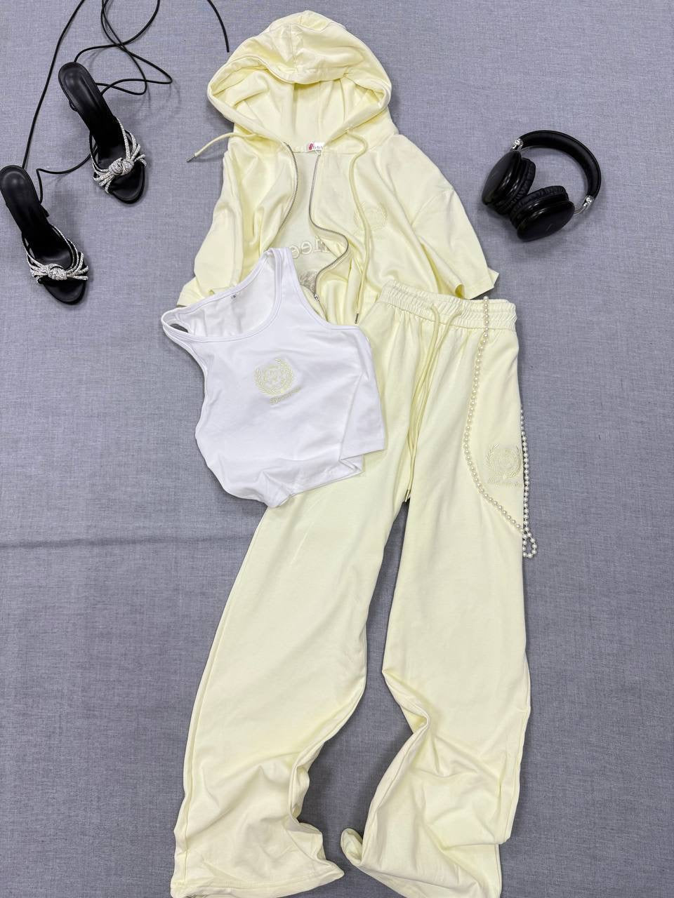 Bonnerie Embroidered 3-Piece Short Sleeve Zip Hoodie, Tank Top & Flare Pants Set