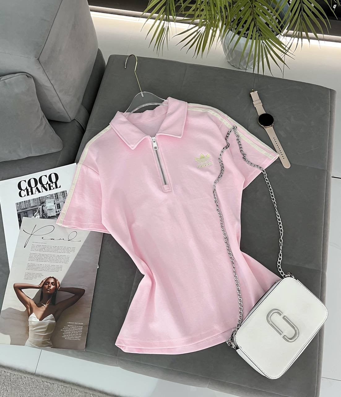 #4419 Logo Stripe Half-Zip Polo Crop Top with Chain Detail