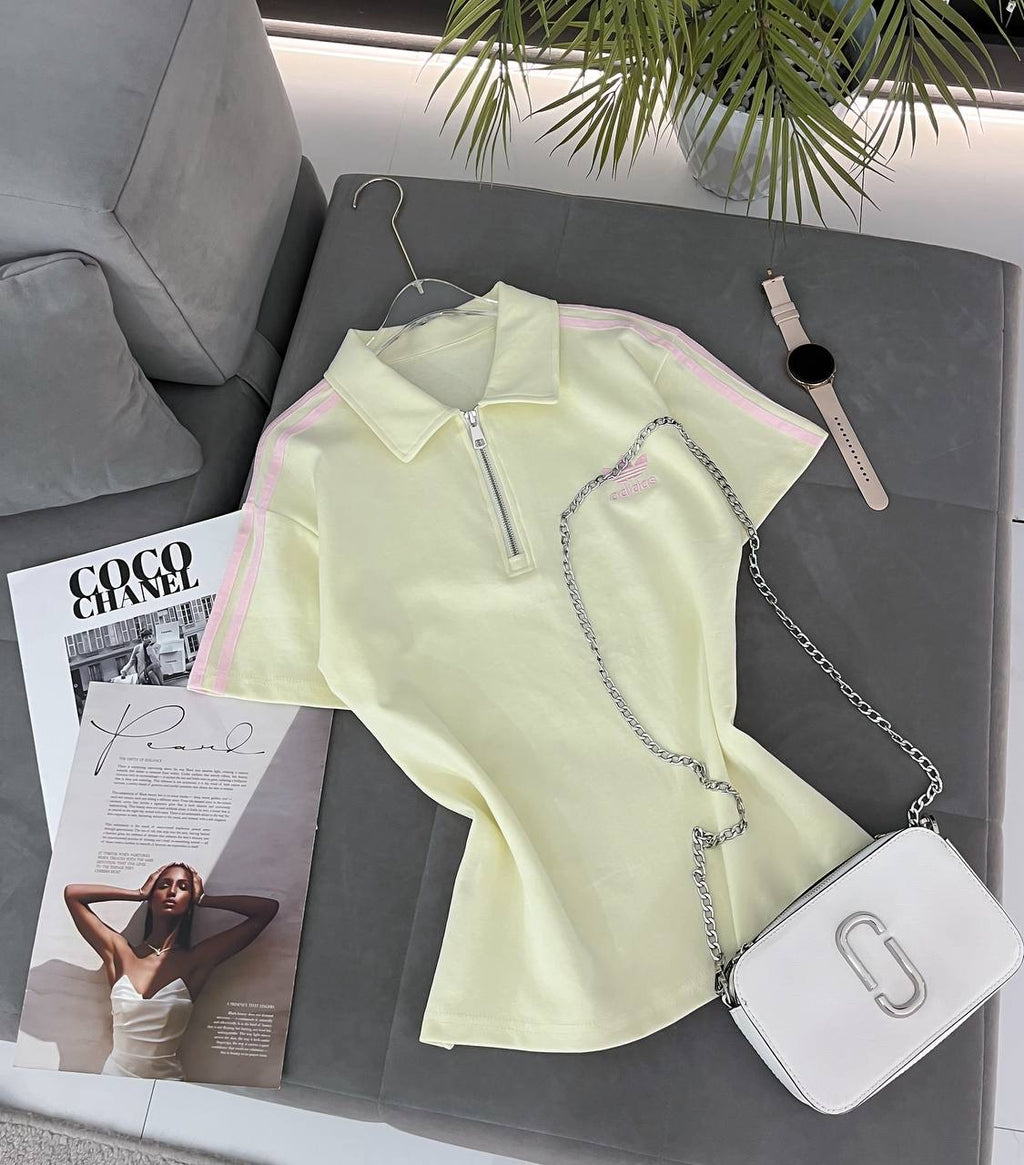#4419 Logo Stripe Half-Zip Polo Crop Top with Chain Detail