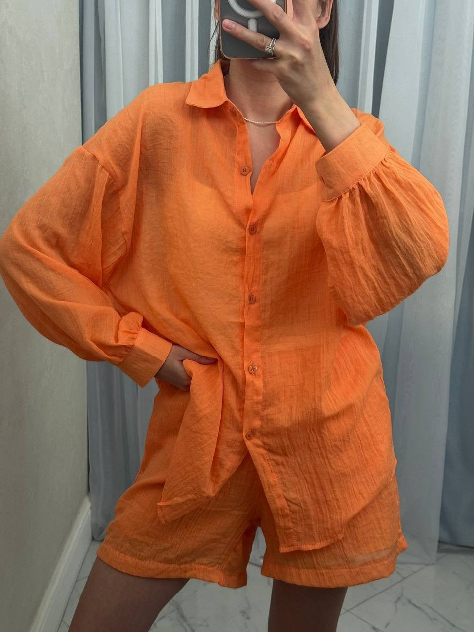 Crinkle Balloon Sleeve Shirt & Shorts Co-ord Set