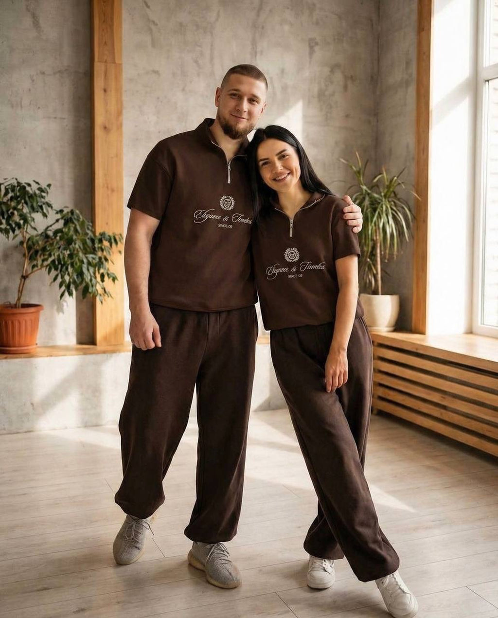 Elegance & Timeless Couple Half-Zip Co-ord Set — T-Shirt & Wide-Leg Trousers