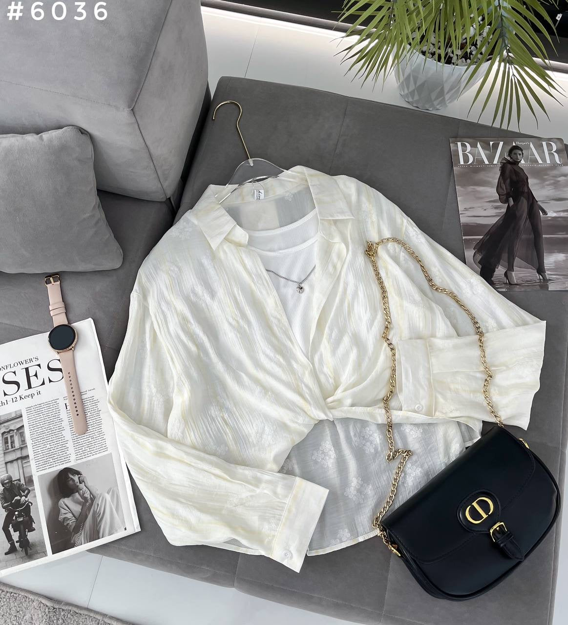 #6036 Crinkle Texture Twist Front Sheer Oversized Shirt + Crop Top Set