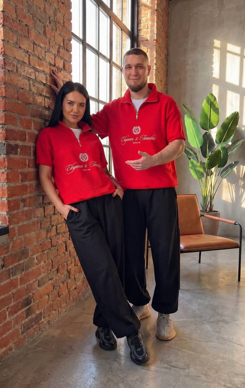 Elegance & Timeless Couple Half-Zip Co-ord Set — T-Shirt & Wide-Leg Trousers