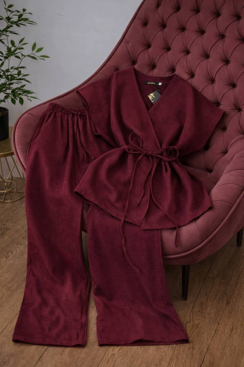 Linen Kimono Wrap Top & Wide-Leg Trousers Co-ord Set