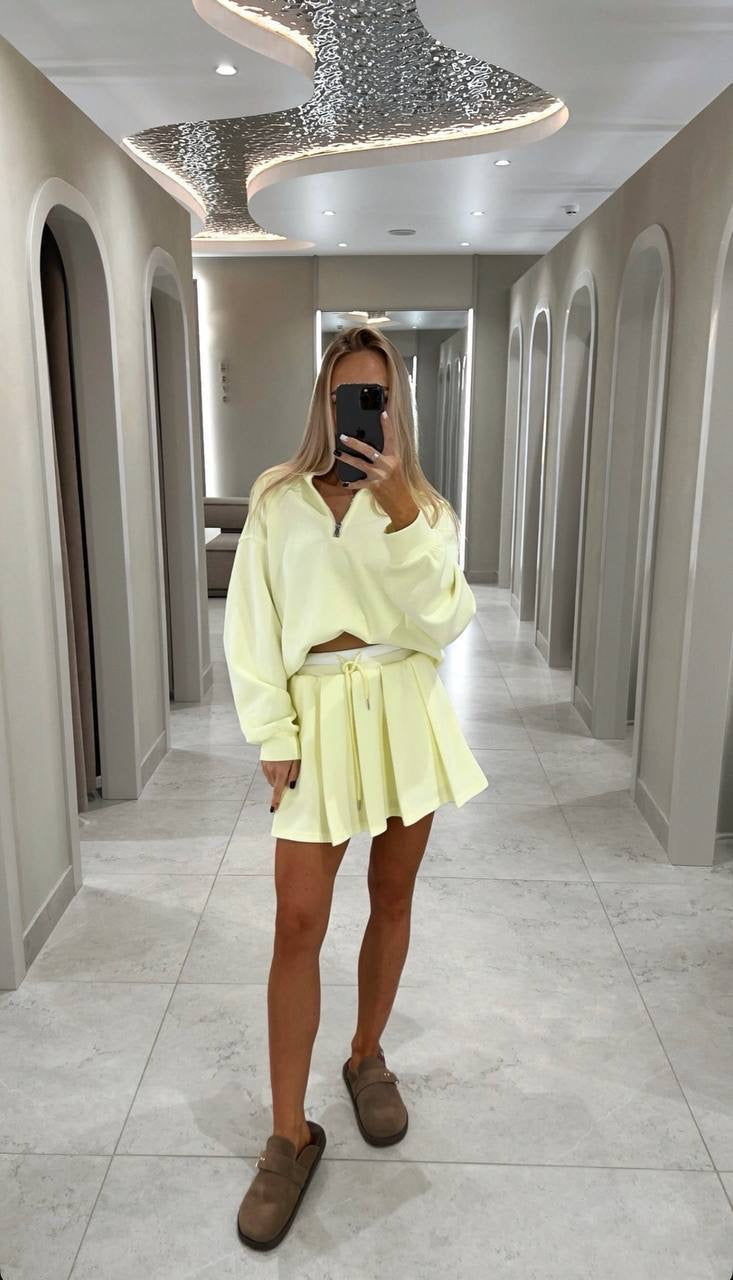 Half-Zip Crop Sweatshirt & Pleated Mini Skirt Co-ord Set