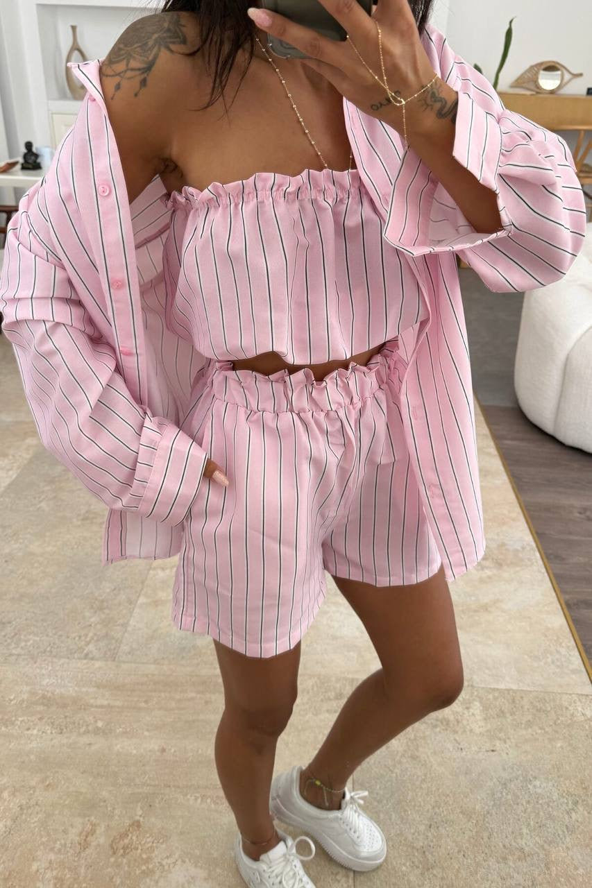 Striped 3-Piece Co-ord Set – Shirt, Bandeau Top & Shorts