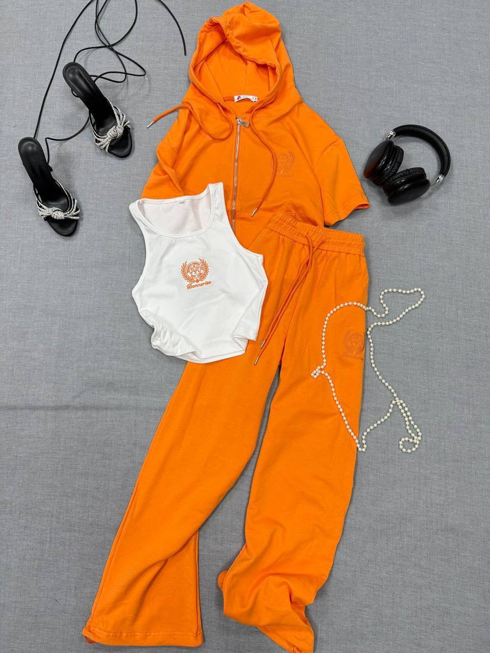 Bonnerie Embroidered 3-Piece Short Sleeve Zip Hoodie, Tank Top & Flare Pants Set