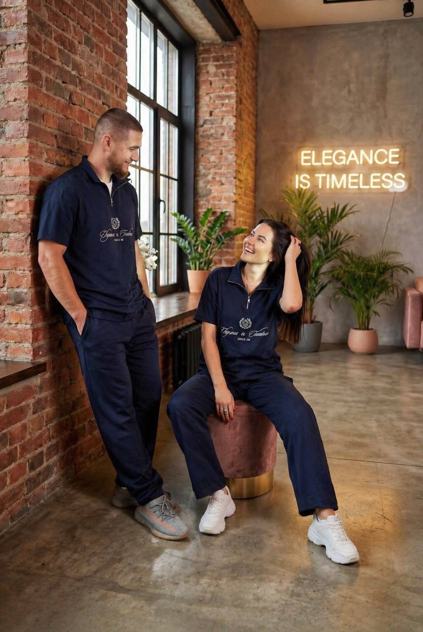 Elegance & Timeless Couple Half-Zip Co-ord Set — T-Shirt & Wide-Leg Trousers