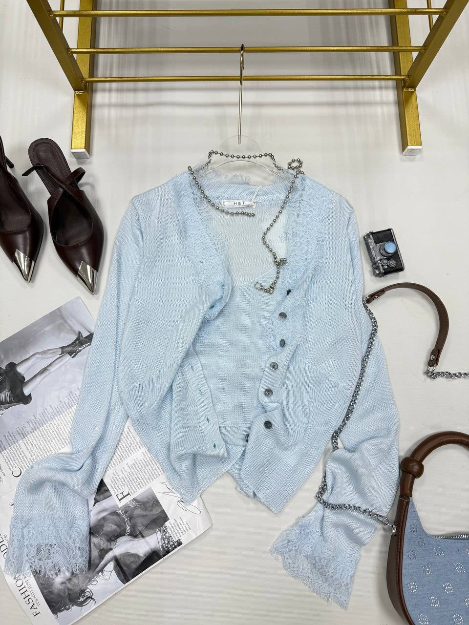 Lace Trim Sheer Knit Button-Up Cardigan