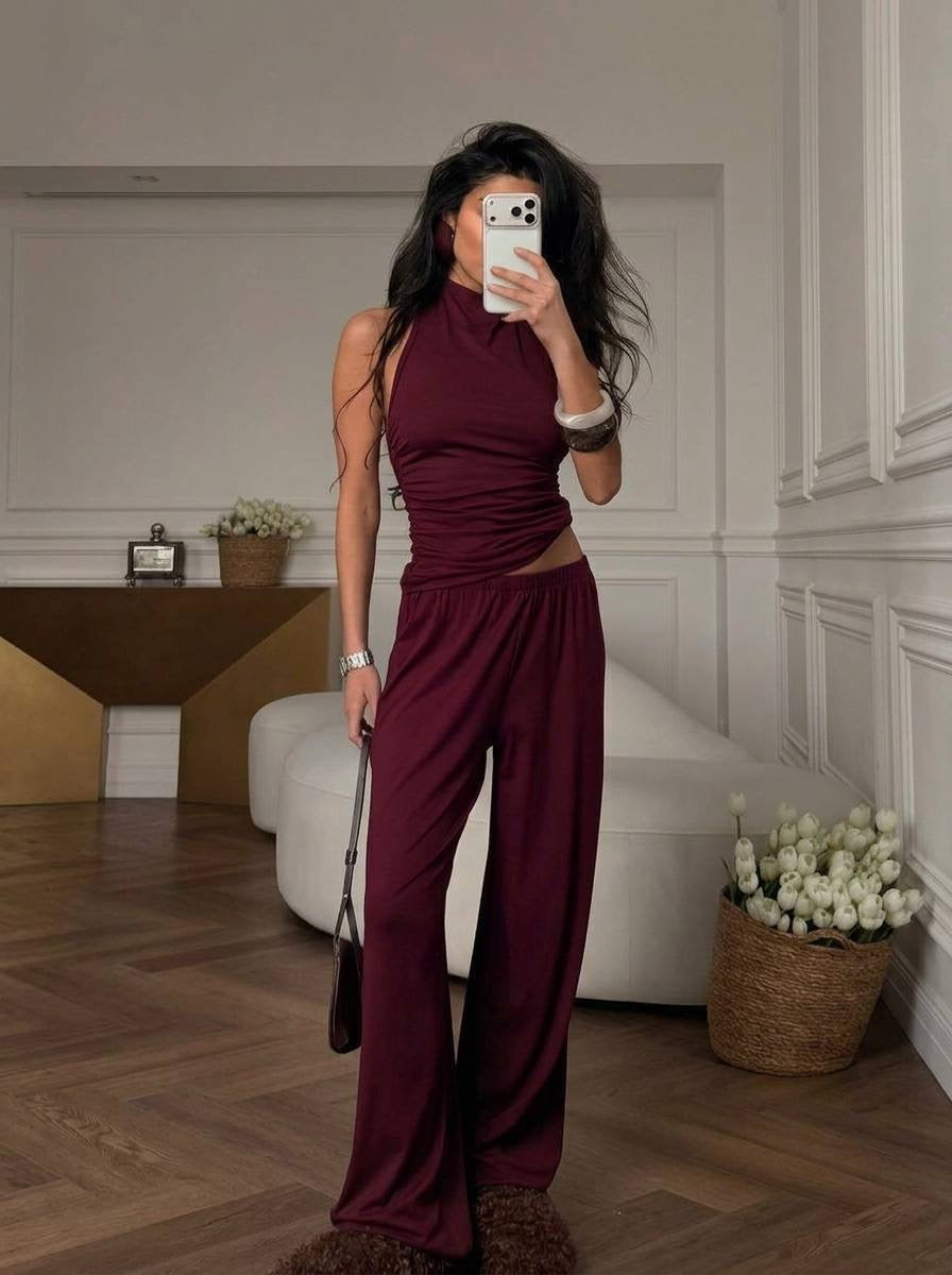 Halter Neck Ruched Backless Crop Top & Wide-Leg Palazzo Trousers Co-ord Set