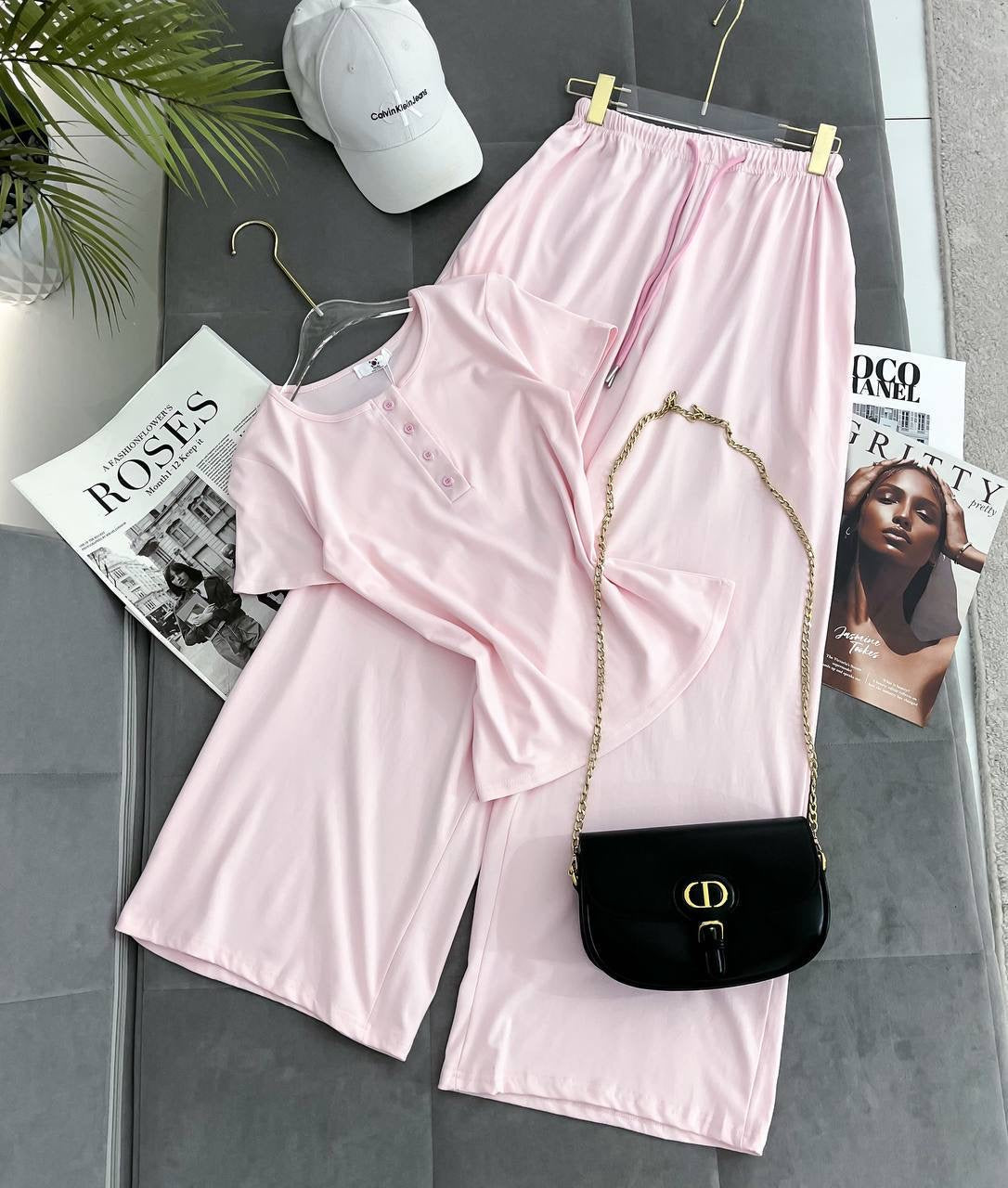 Henley Button Crew-Neck T-Shirt & Wide-Leg Palazzo Trousers Loungewear Set