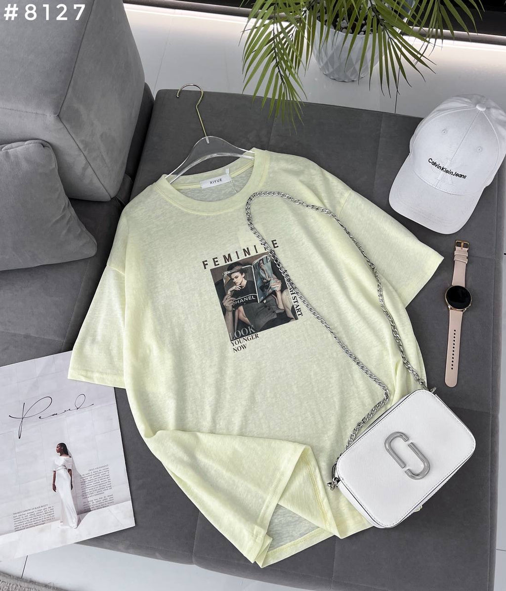 Feminite Magazine Print Oversized T-Shirt #8127
