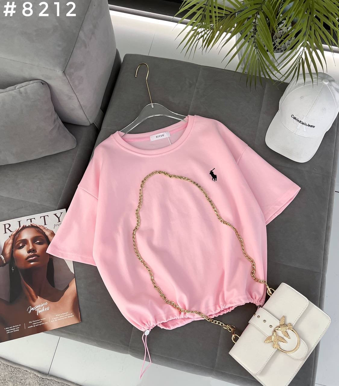 #8212 Polo Embroidered Chain Detail Drawstring Crop T-Shirt