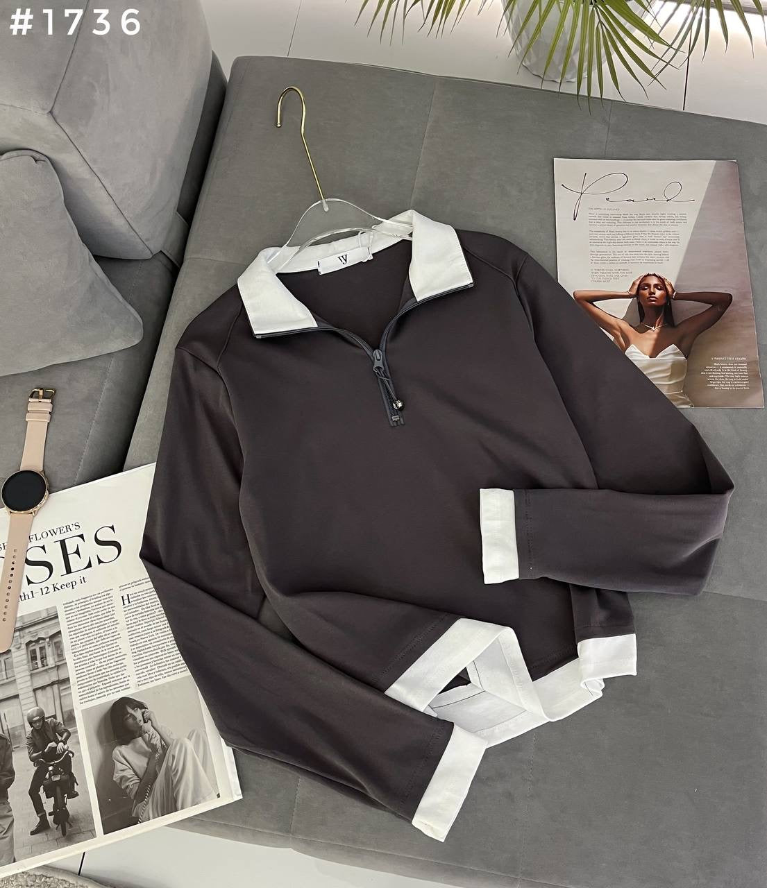 #1736 Contrast Trim Half-Zip Polo Crop Sweatshirt