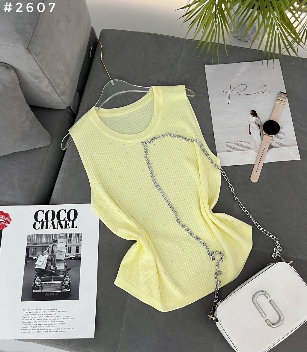 #2607 Rhinestone Chain Detail Sleeveless Knit Top
