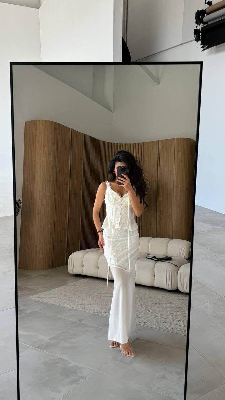 Broderie Anglaise Corset Frill Crop Top + Wide-Leg Trousers Set