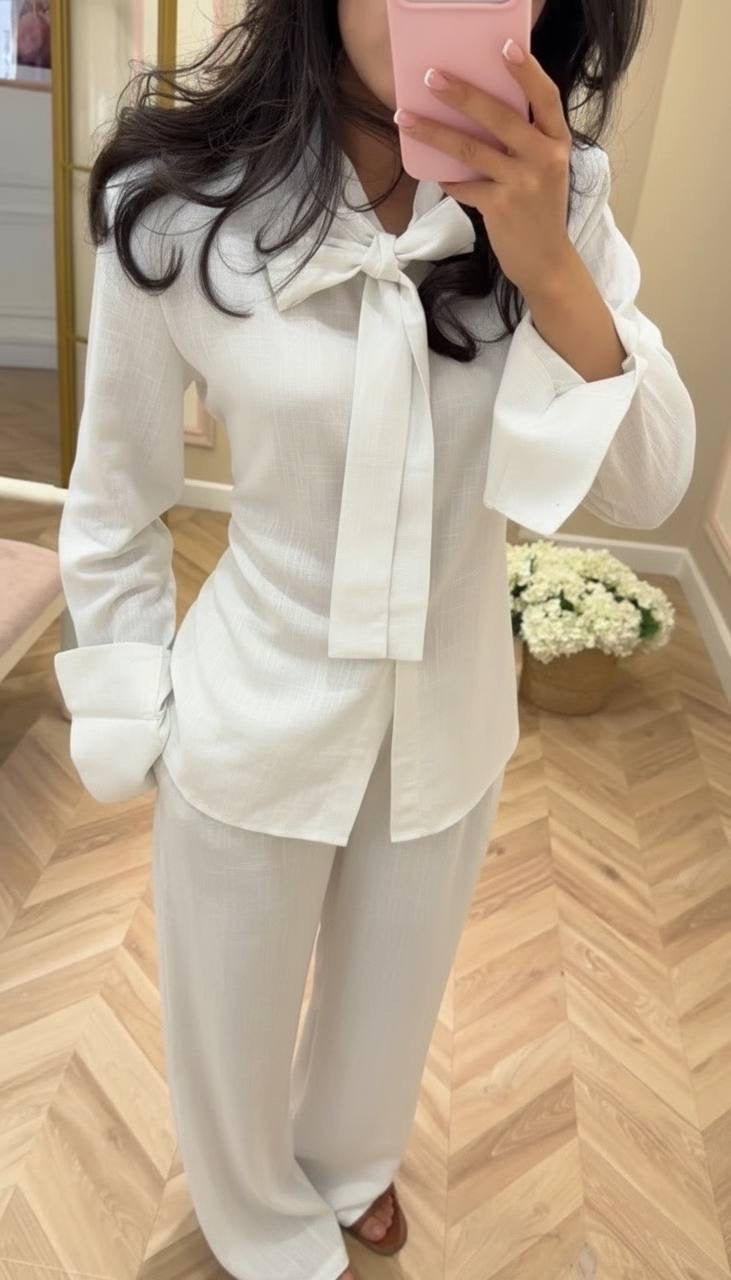 Bow-Tie Neck Linen Blend Shirt & Wide-Leg Trousers Set