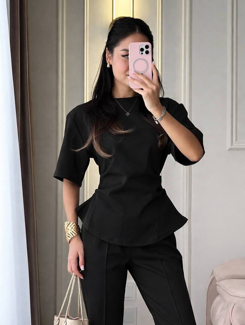 Peplum Detail Short-Sleeve Blouse & Wide-Leg Trousers Co-ord Set