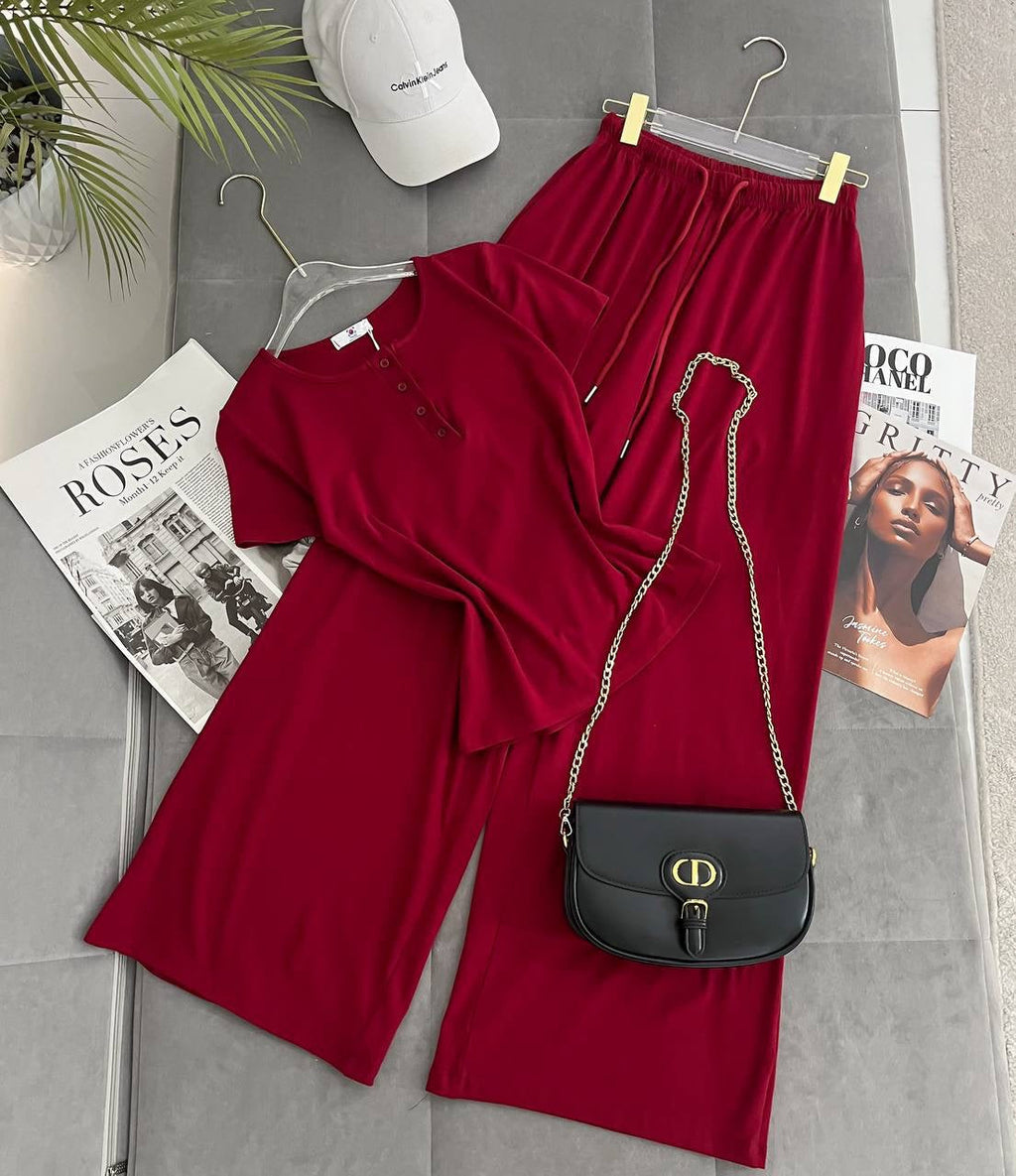 Henley Button Crew-Neck T-Shirt & Wide-Leg Palazzo Trousers Loungewear Set