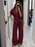 Linen Wrap V-Neck Top & Wide-Leg Trousers Co-ord Set