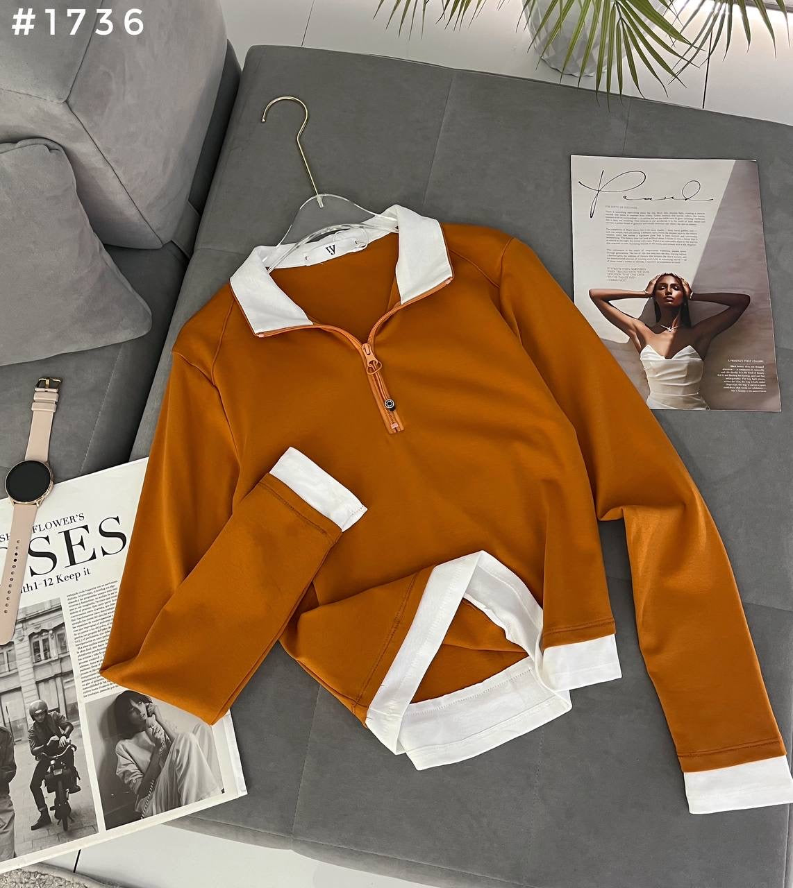 #1736 Contrast Trim Half-Zip Polo Crop Sweatshirt