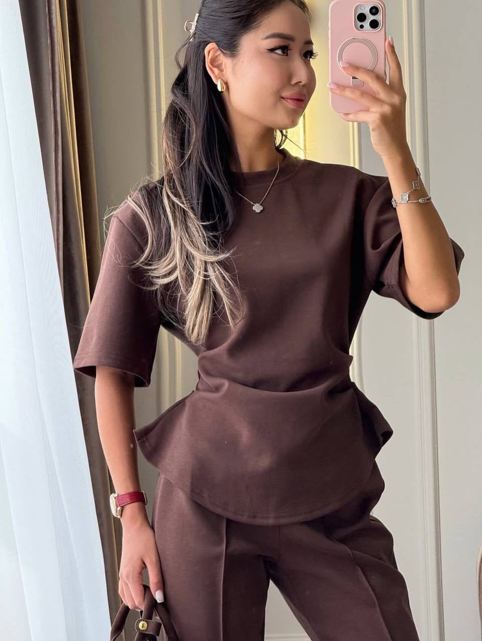 Peplum Detail Short-Sleeve Blouse & Wide-Leg Trousers Co-ord Set