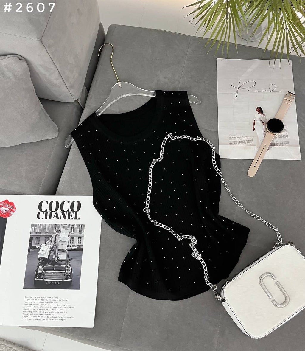 #2607 Rhinestone Chain Detail Sleeveless Knit Top