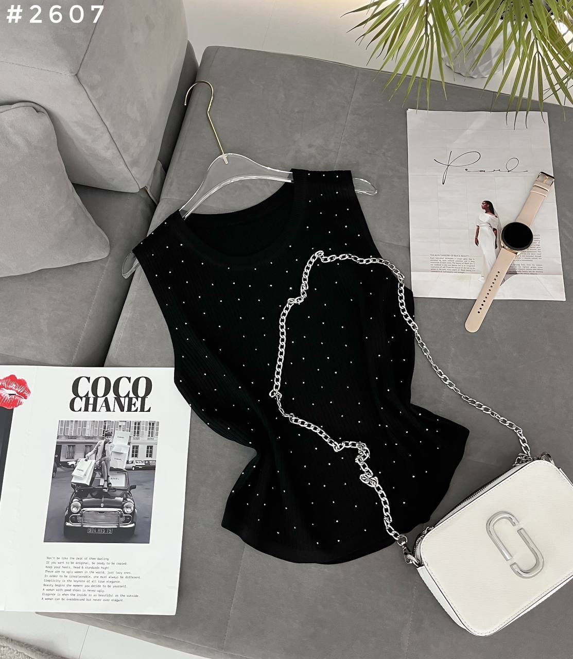 #2607 Rhinestone Chain Detail Sleeveless Knit Top