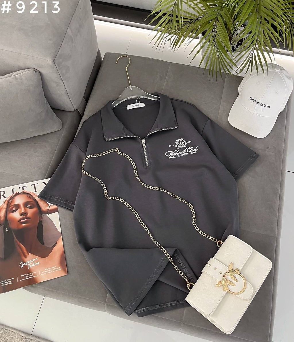 #9213 Weekend Club Half-Zip Chain Detail Oversized Polo T-Shirt