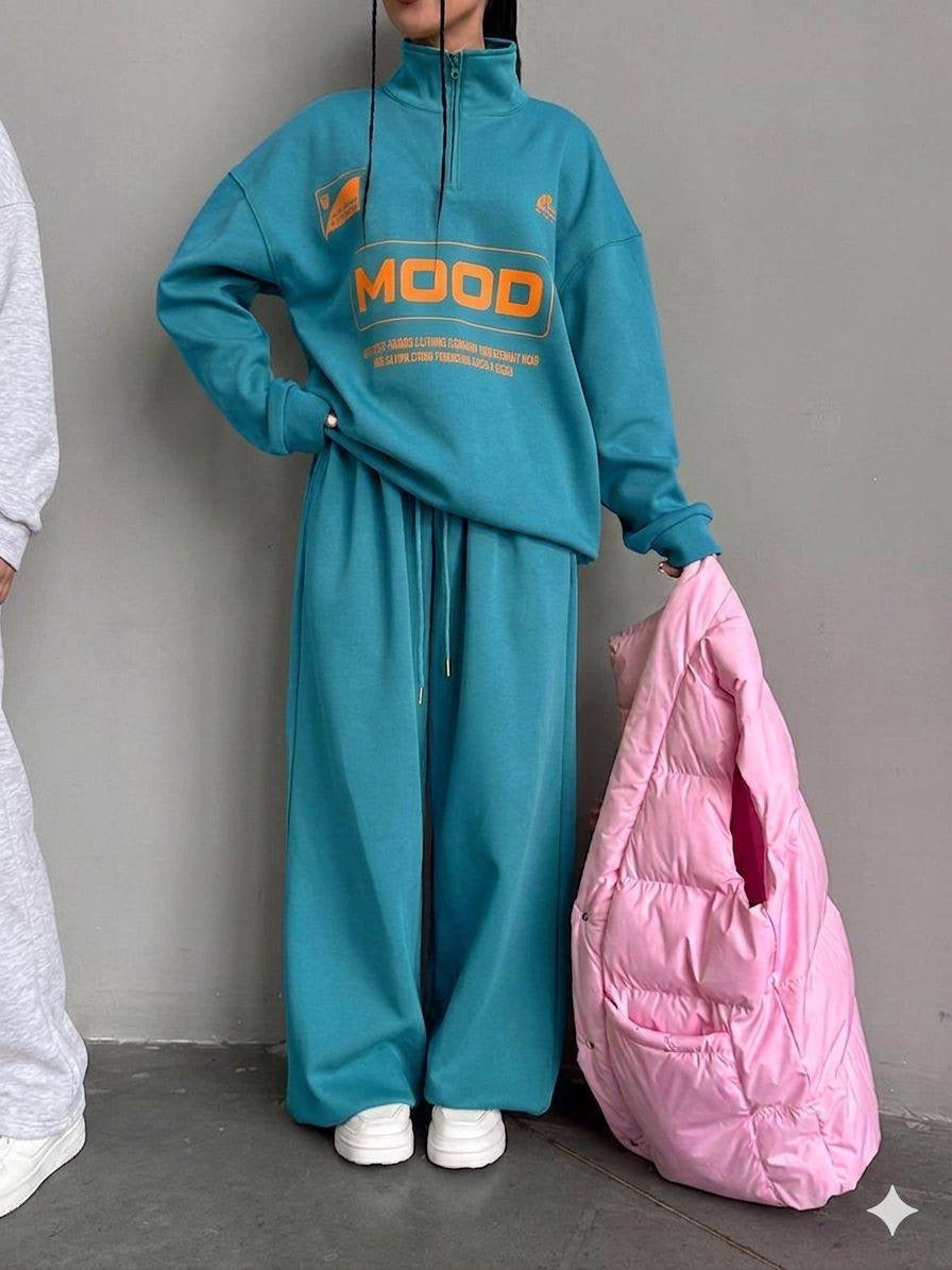 MOOD Graphic Half-Zip Oversized Sweatshirt & Wide-Leg Jogger Set