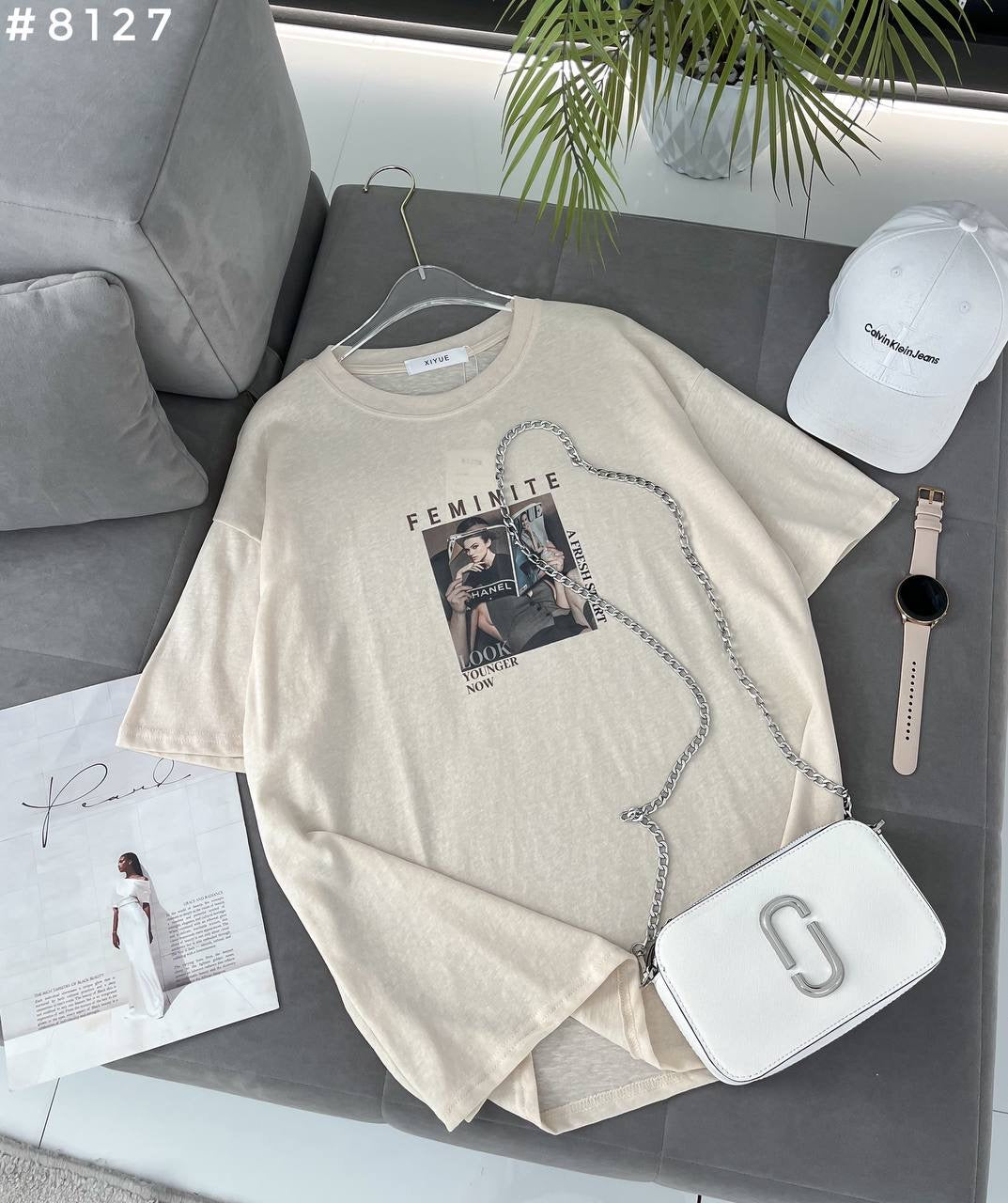 Feminite Magazine Print Oversized T-Shirt #8127