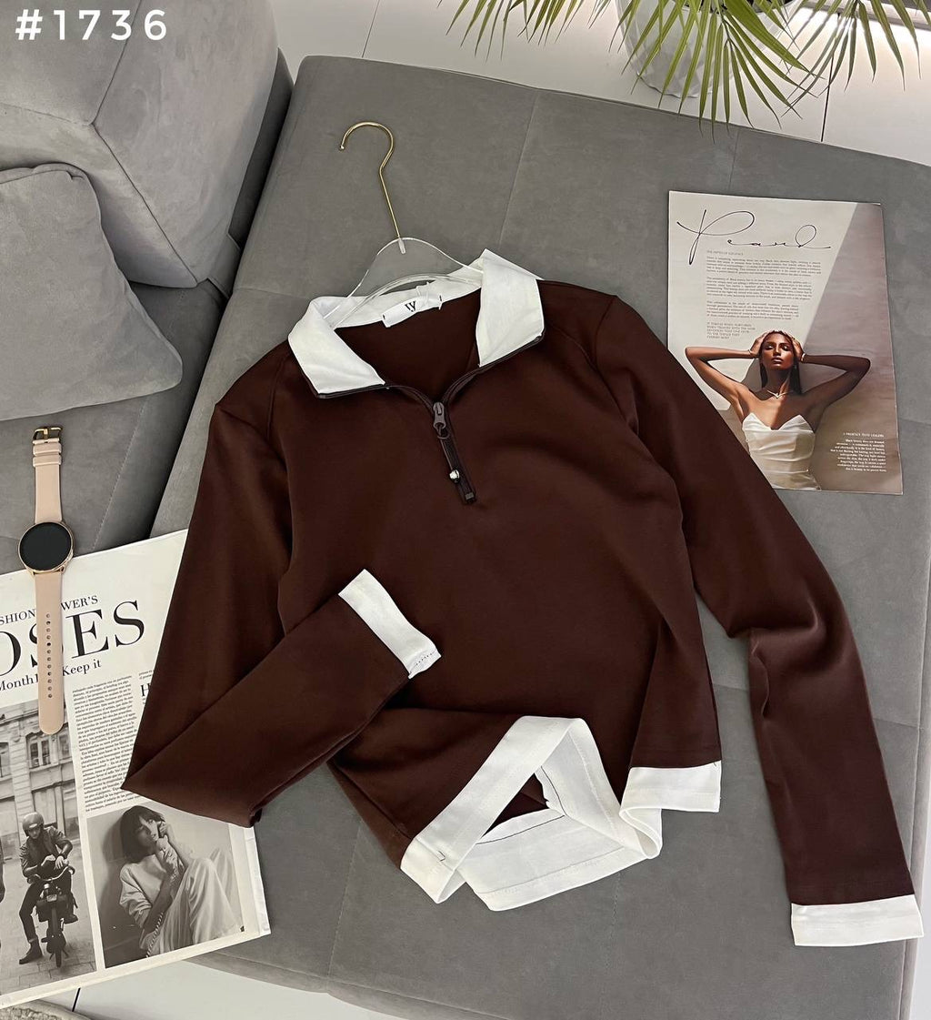 #1736 Contrast Trim Half-Zip Polo Crop Sweatshirt