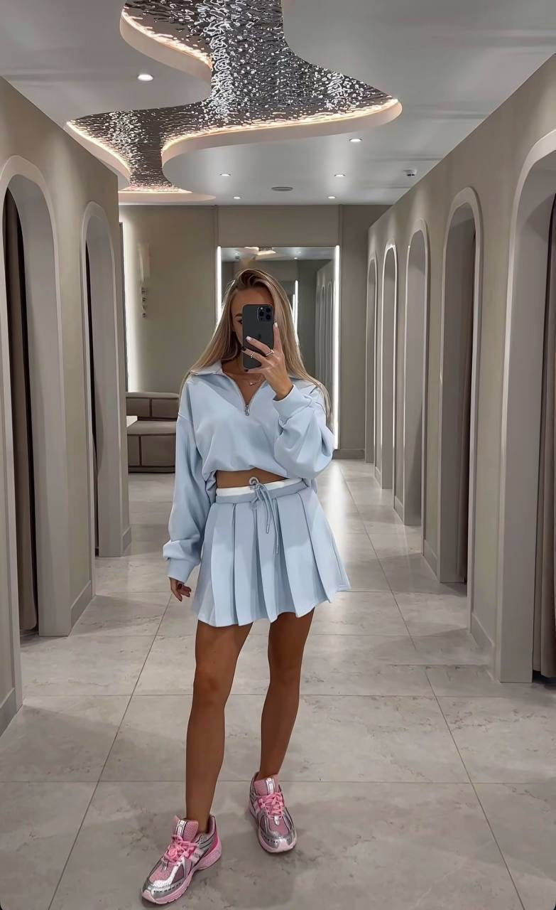 Half-Zip Crop Sweatshirt & Pleated Mini Skirt Co-ord Set
