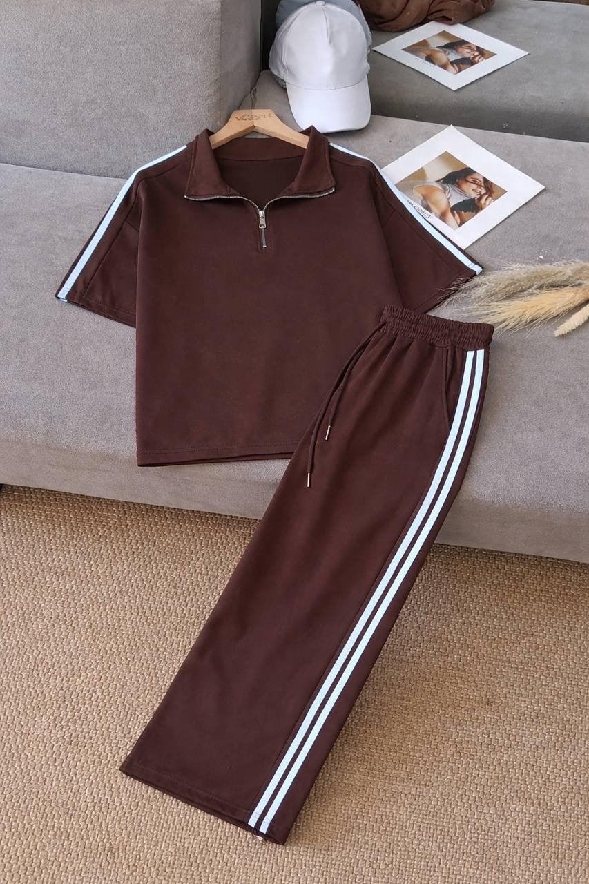 Side Stripe Half-Zip Crop Top & Wide-Leg Trousers Co-ord Set