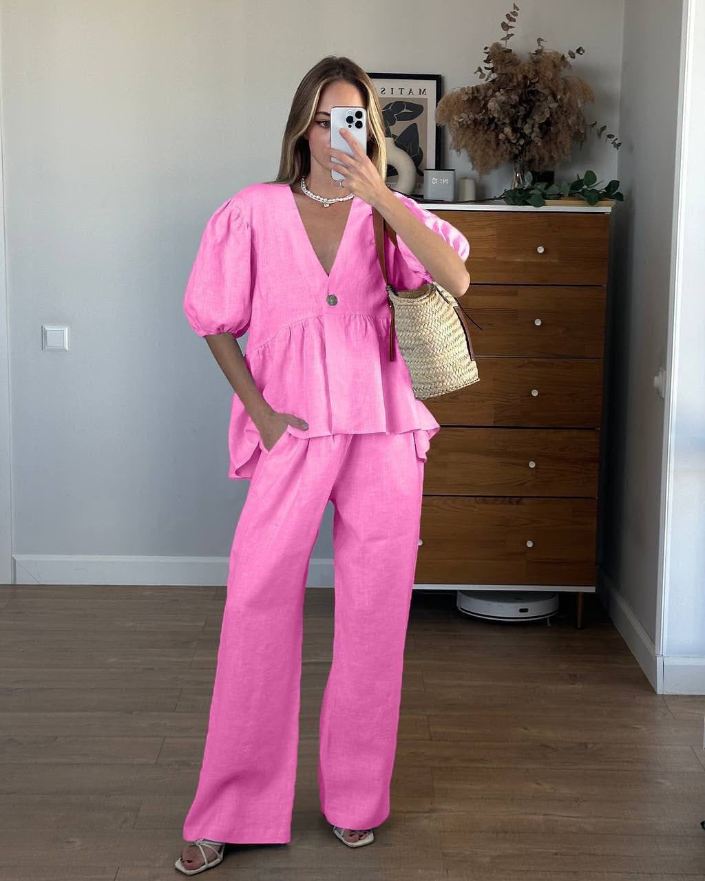 Puff Sleeve V-Neck Frill Peplum Blouse & Wide-Leg Trousers Co-ord Set