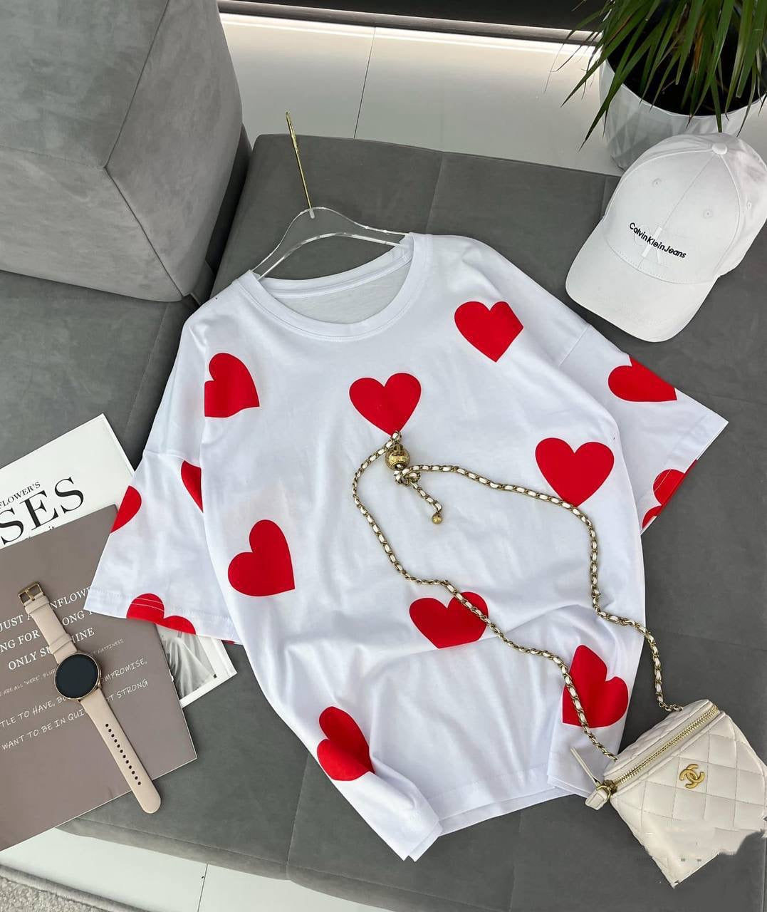 All-Over Heart Print Oversized Crew-Neck T-Shirt