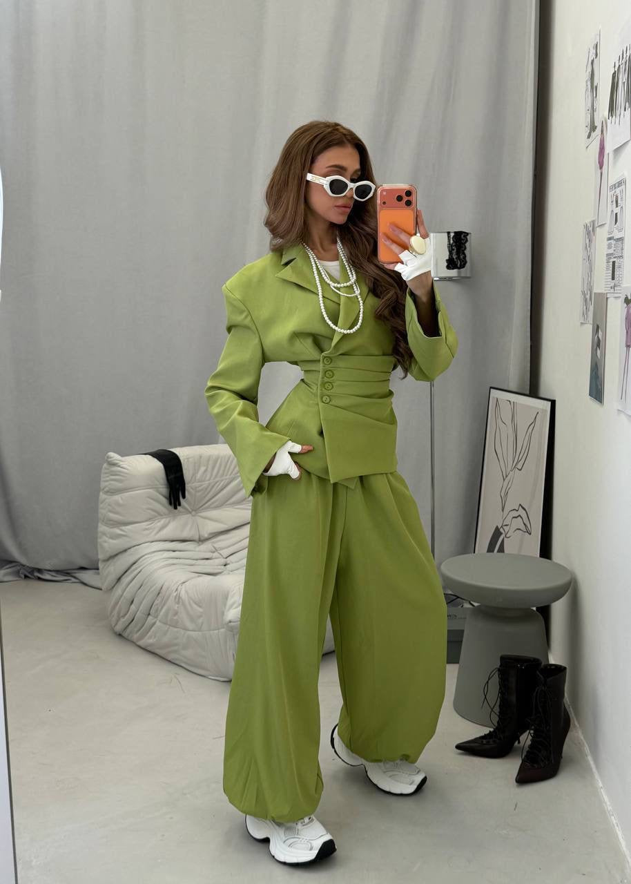 Corset-Waist Structured Blazer & Wide-Leg Trousers Co-ord Set