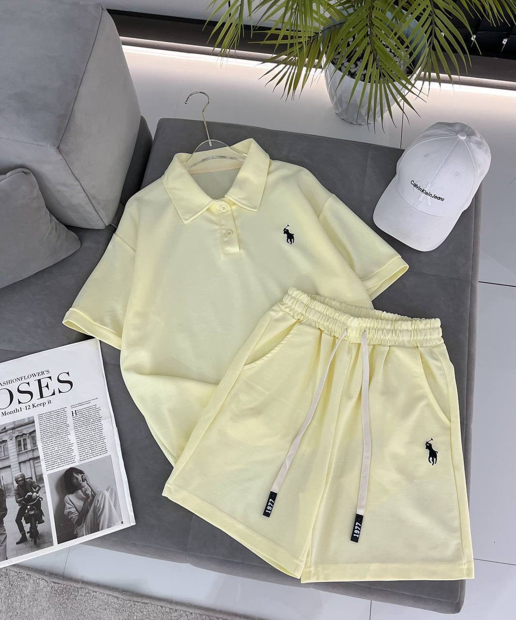 Embroidered Polo Crop T-Shirt & Drawstring Shorts 2-Piece Summer Set