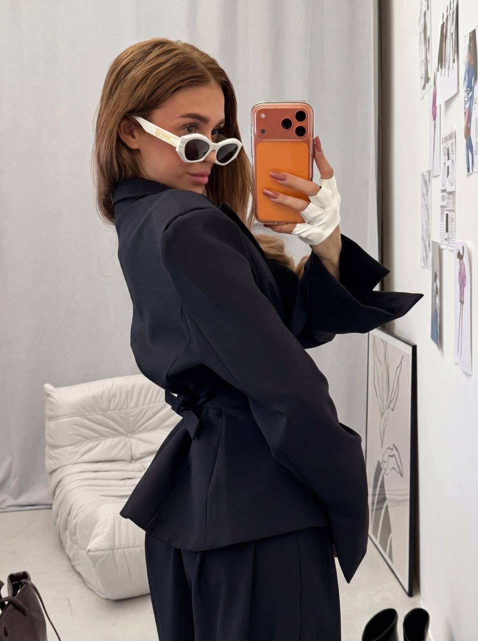Corset-Waist Structured Blazer & Wide-Leg Trousers Co-ord Set