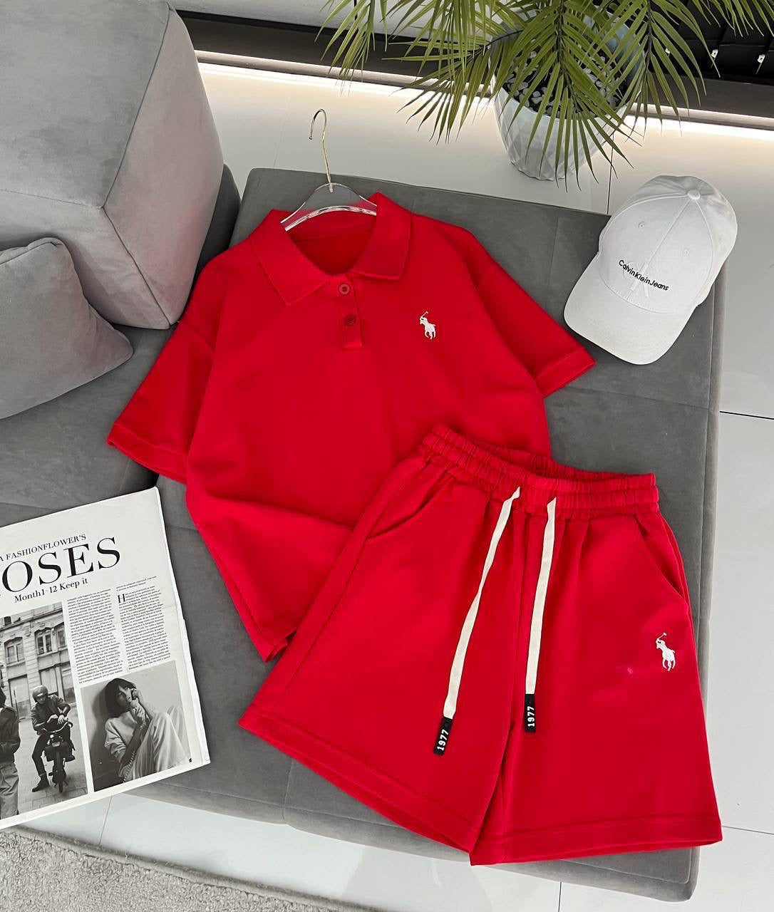 Embroidered Polo Crop T-Shirt & Drawstring Shorts 2-Piece Summer Set