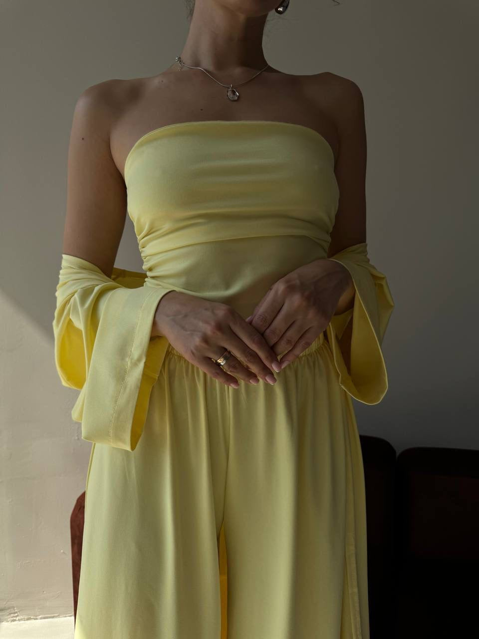 3-Piece Maxi Duster Kimono, Bandeau Crop Top & Wide-Leg Palazzo Set