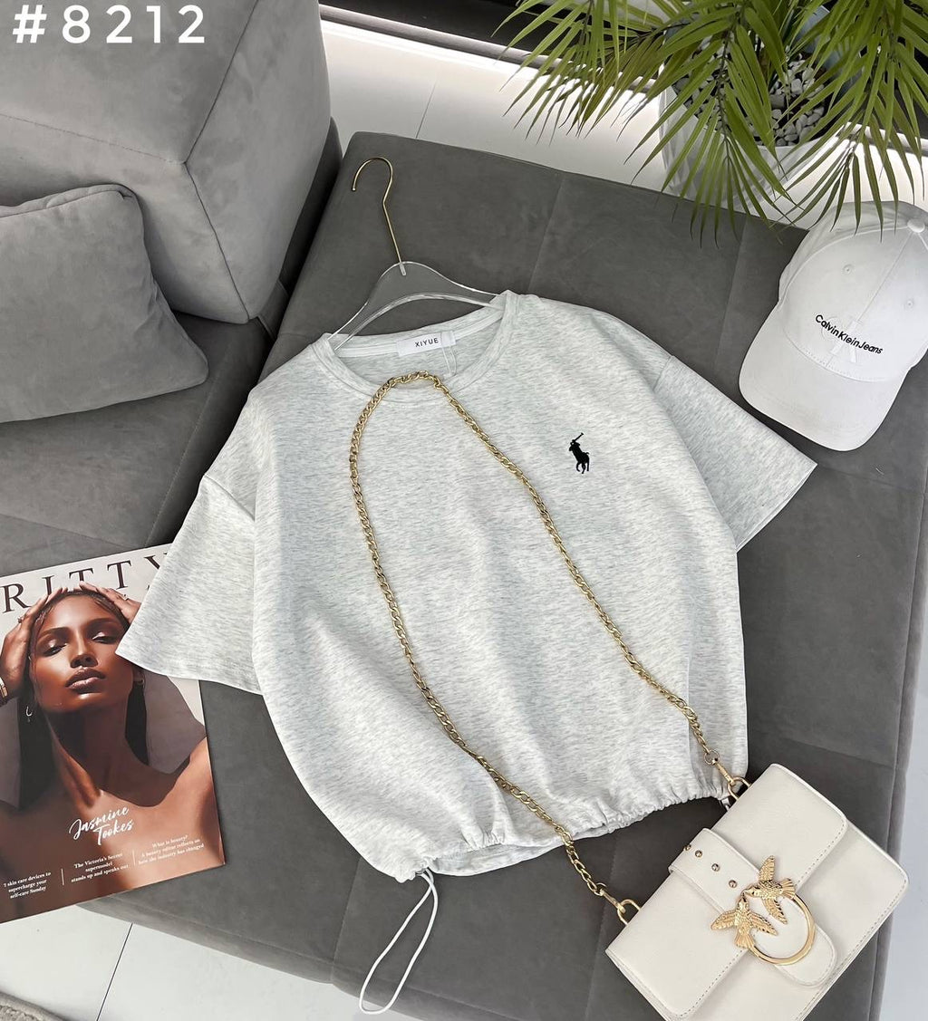 #8212 Polo Embroidered Chain Detail Drawstring Crop T-Shirt
