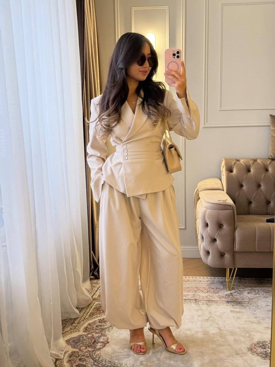 Corset-Waist Structured Blazer & Wide-Leg Trousers Co-ord Set