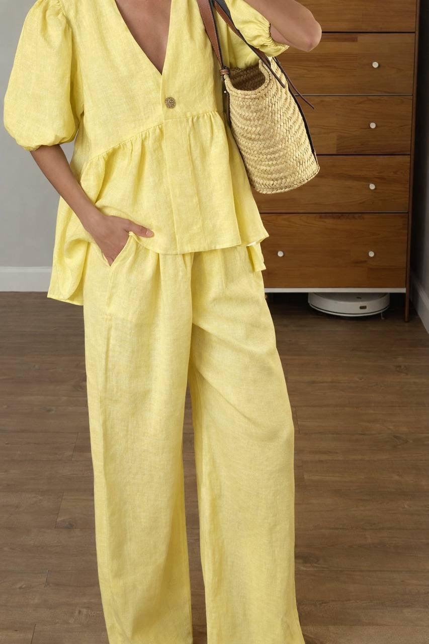Puff Sleeve V-Neck Frill Peplum Blouse & Wide-Leg Trousers Co-ord Set