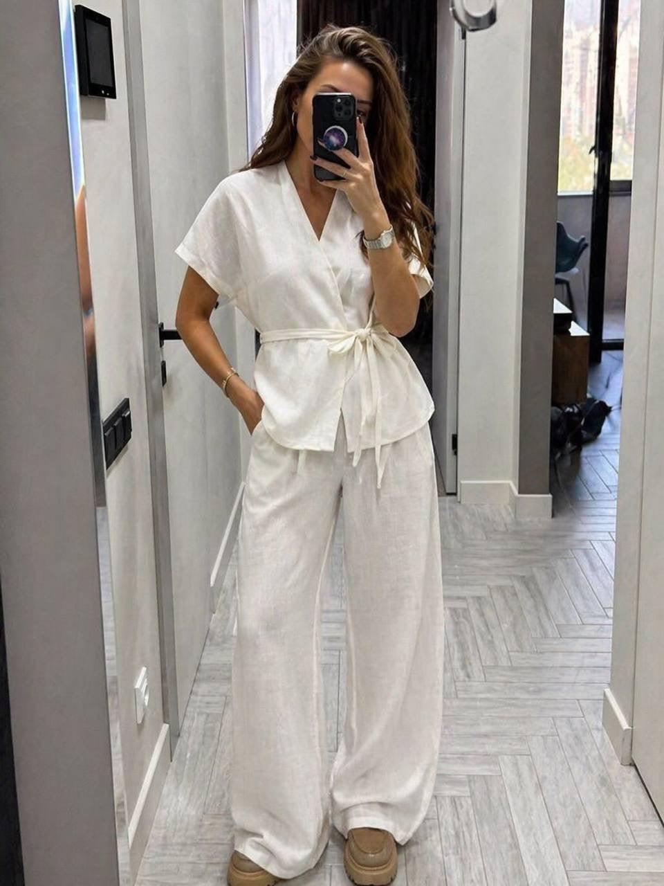 Linen Wrap V-Neck Top & Wide-Leg Trousers Co-ord Set