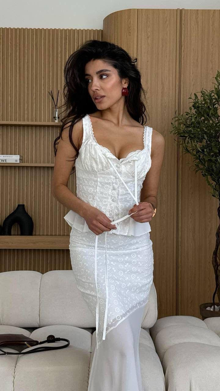 Broderie Anglaise Corset Frill Crop Top + Wide-Leg Trousers Set