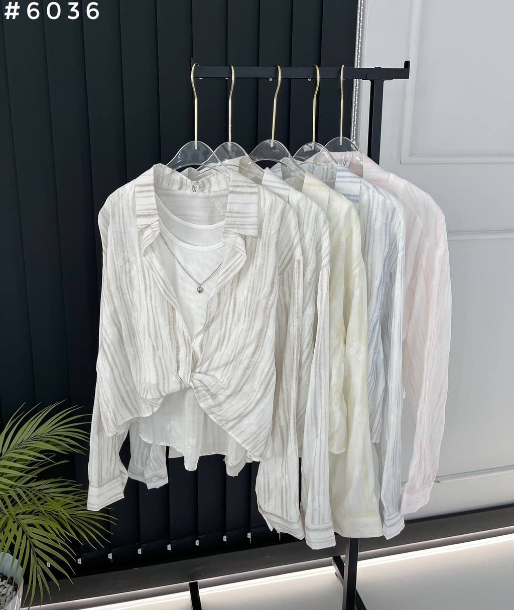 #6036 Crinkle Texture Twist Front Sheer Oversized Shirt + Crop Top Set