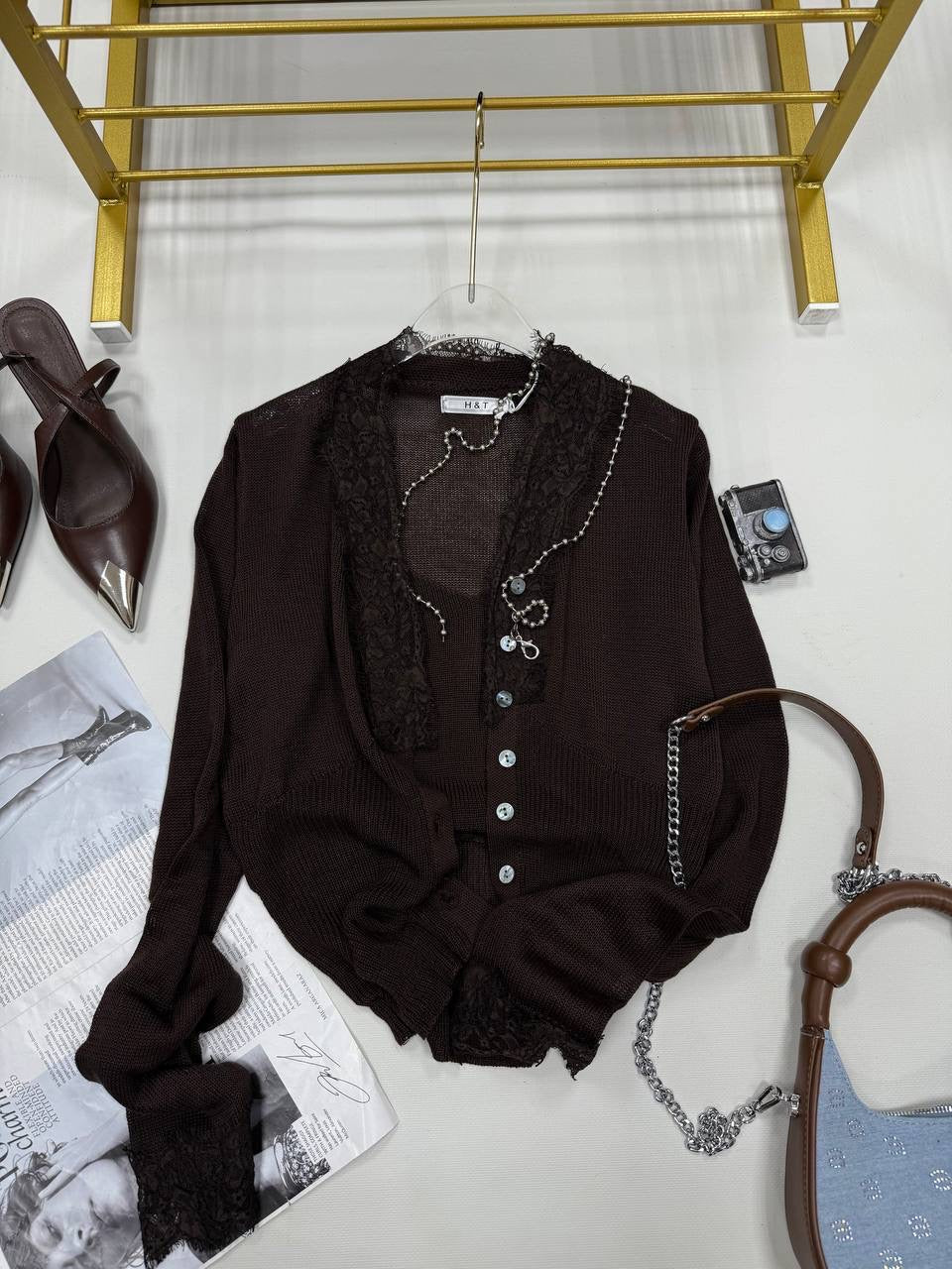 Lace Trim Sheer Knit Button-Up Cardigan
